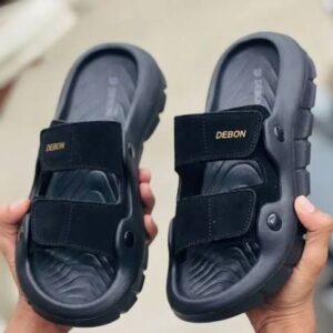 DEBON Men All-Black Chunky Sole Double Strap Comfort Slides